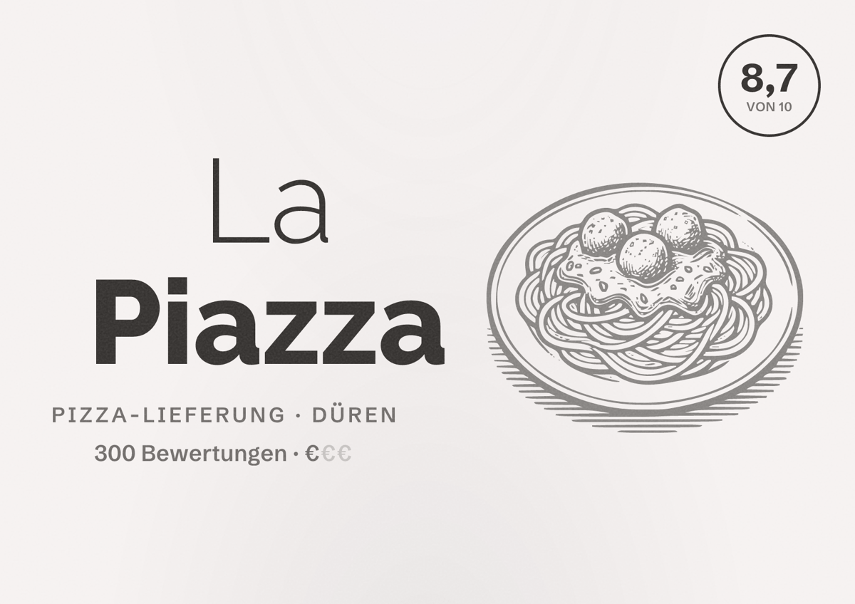 Illustriertes Poster von La Piazza, Pizza-Lieferung in Düren: Bewertung 8,7 von 10 aus 300 Bewertungen, Preisniveau €