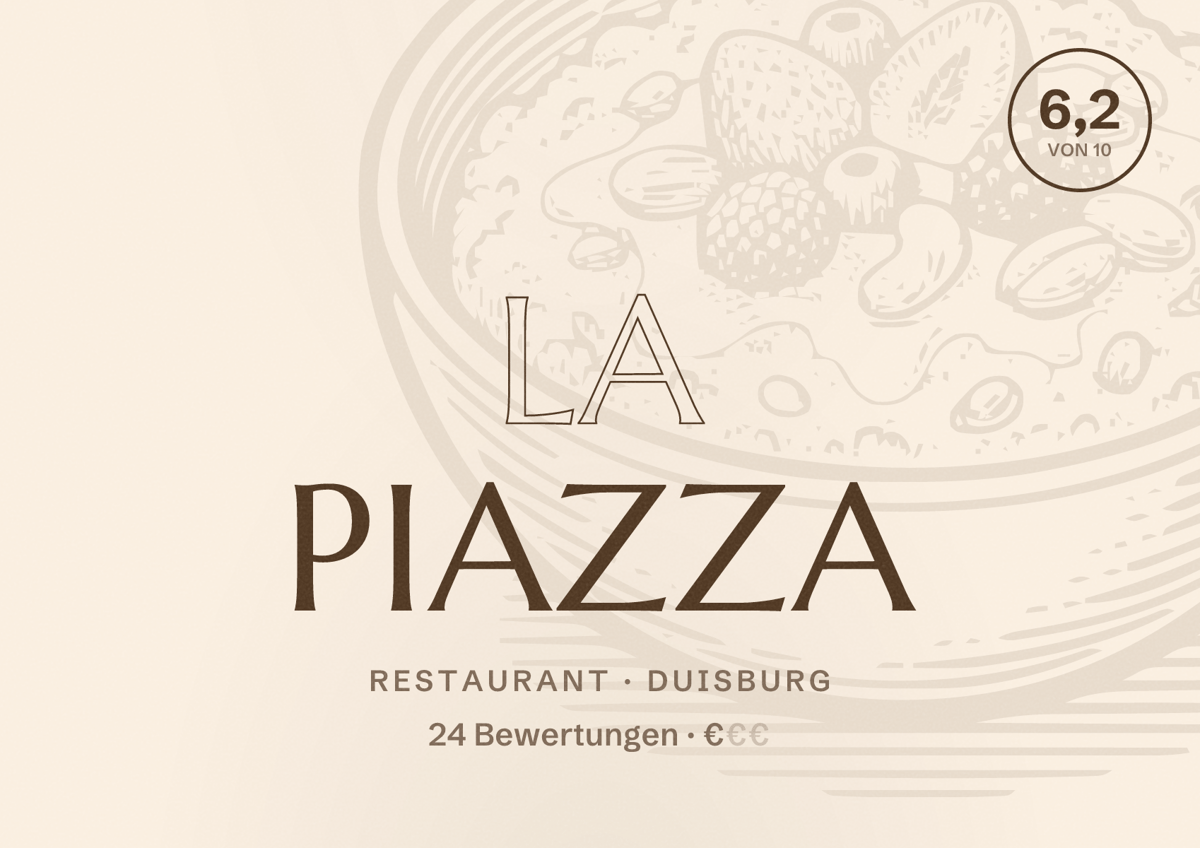 Illustriertes Poster von La Piazza, Restaurant in Duisburg: Bewertung 6,2 von 10 aus 24 Bewertungen, Preisniveau €