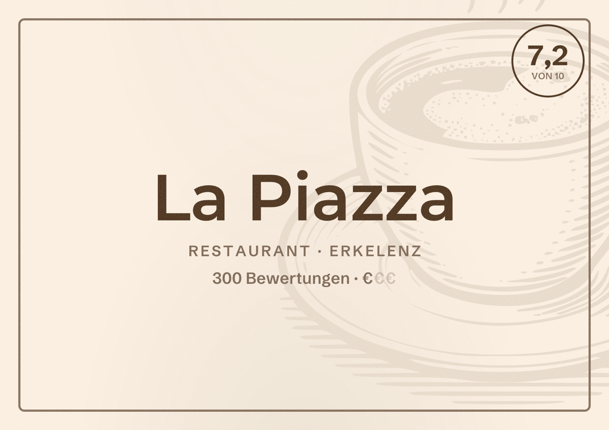 Illustriertes Poster von La Piazza, Restaurant in Erkelenz: Bewertung 7,2 von 10 aus 300 Bewertungen, Preisniveau €