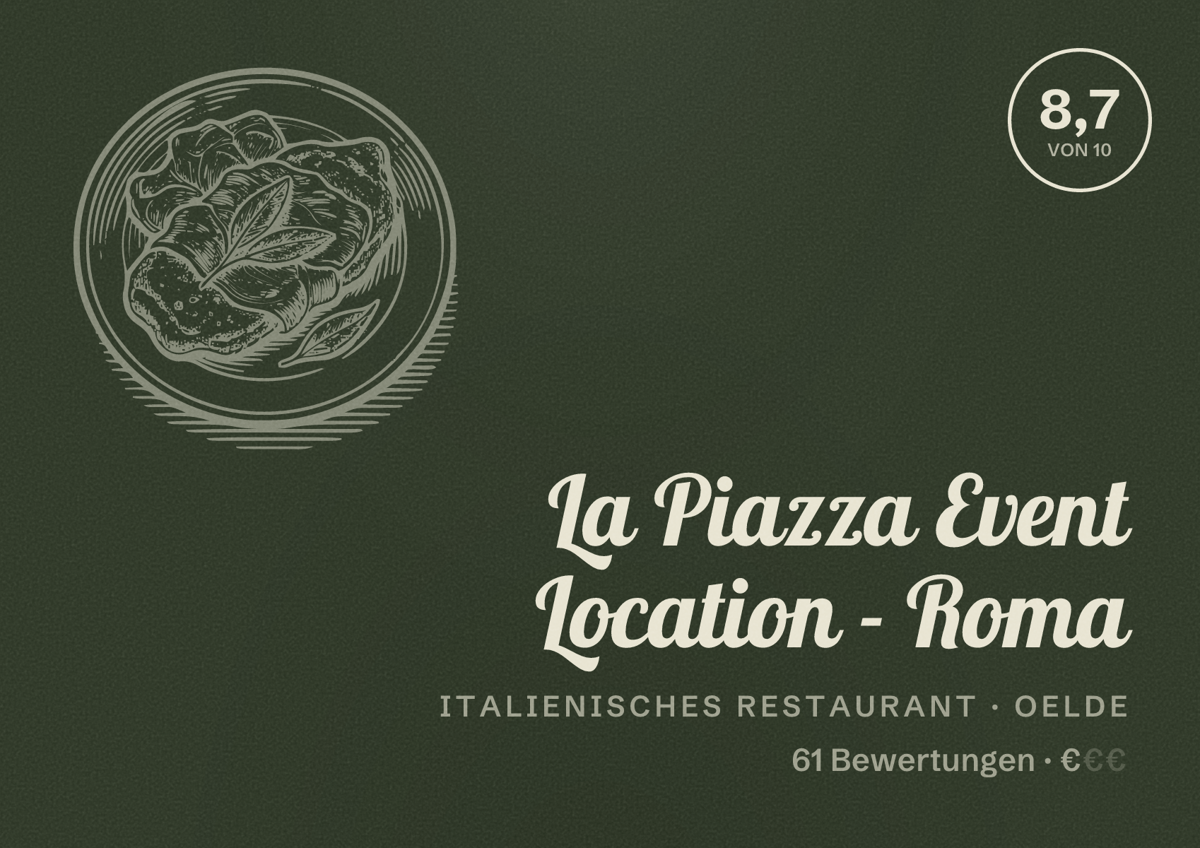 Illustriertes Poster von La Piazza Event Location - Roma, Italienisches Restaurant in Oelde: Bewertung 8,7 von 10 aus 61 Bewertungen, Preisniveau €