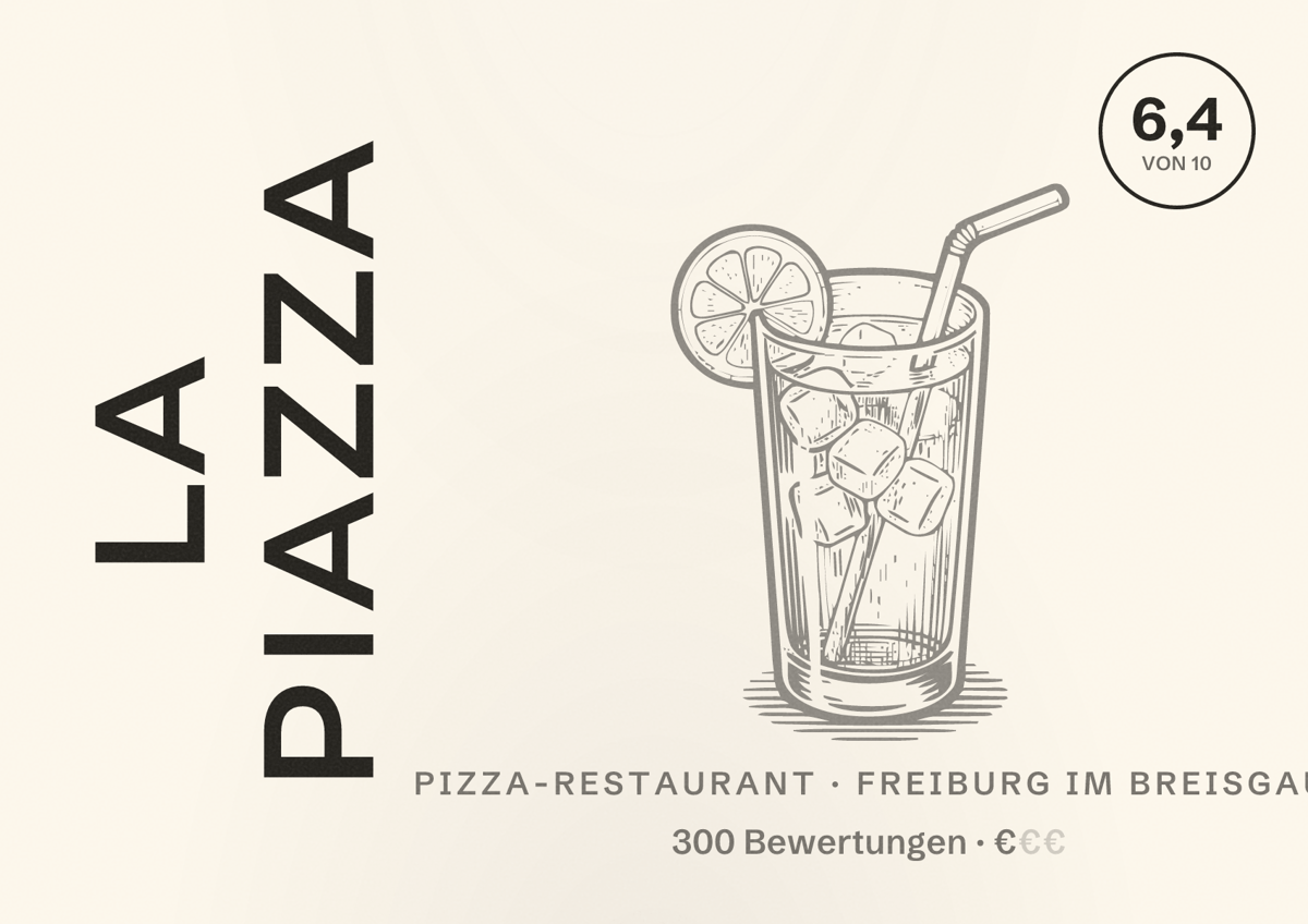 Illustriertes Poster von La Piazza, Pizza-Restaurant in Freiburg im Breisgau: Bewertung 6,4 von 10 aus 300 Bewertungen, Preisniveau €
