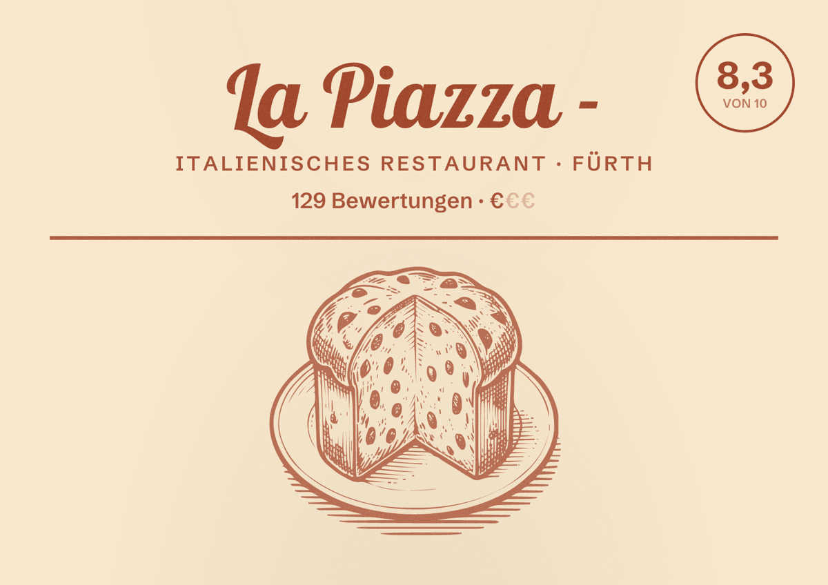 Illustriertes Poster von La Piazza -, Italienisches Restaurant in Fürth: Bewertung 8,3 von 10 aus 129 Bewertungen, Preisniveau €