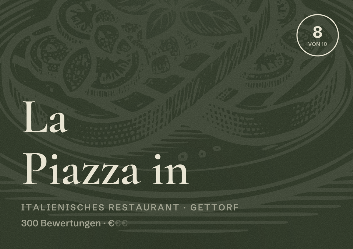 Illustriertes Poster von La Piazza in, Italienisches Restaurant in Gettorf: Bewertung 8 von 10 aus 300 Bewertungen, Preisniveau €