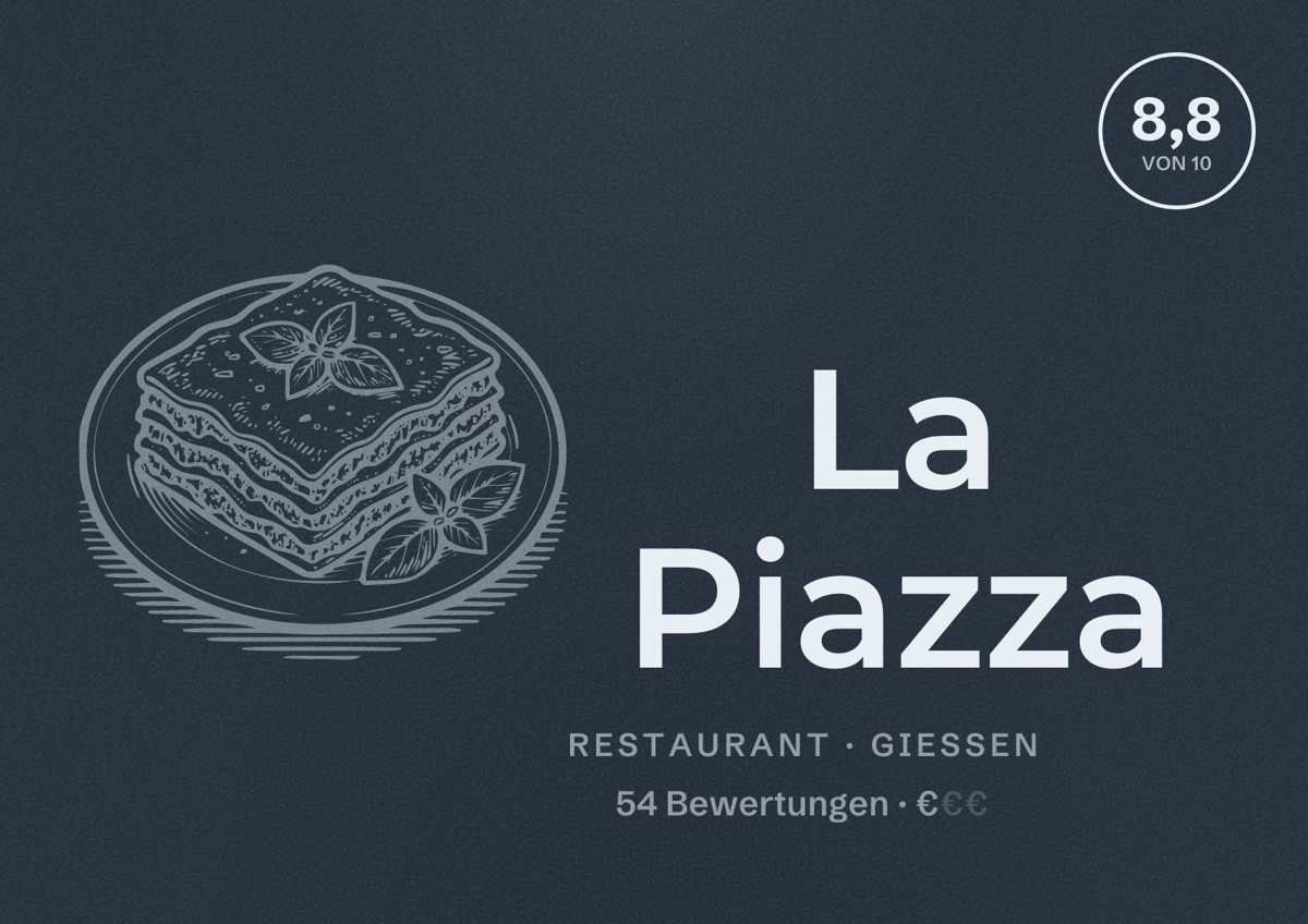Illustriertes Poster von La Piazza, Restaurant in Gießen: Bewertung 8,8 von 10 aus 54 Bewertungen, Preisniveau €