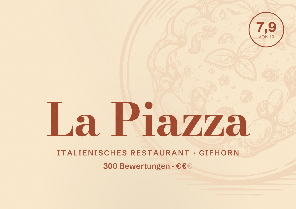 Illustriertes Poster von La Piazza, Italienisches Restaurant in Gifhorn: Bewertung 7,9 von 10 aus 300 Bewertungen, Preisniveau €€