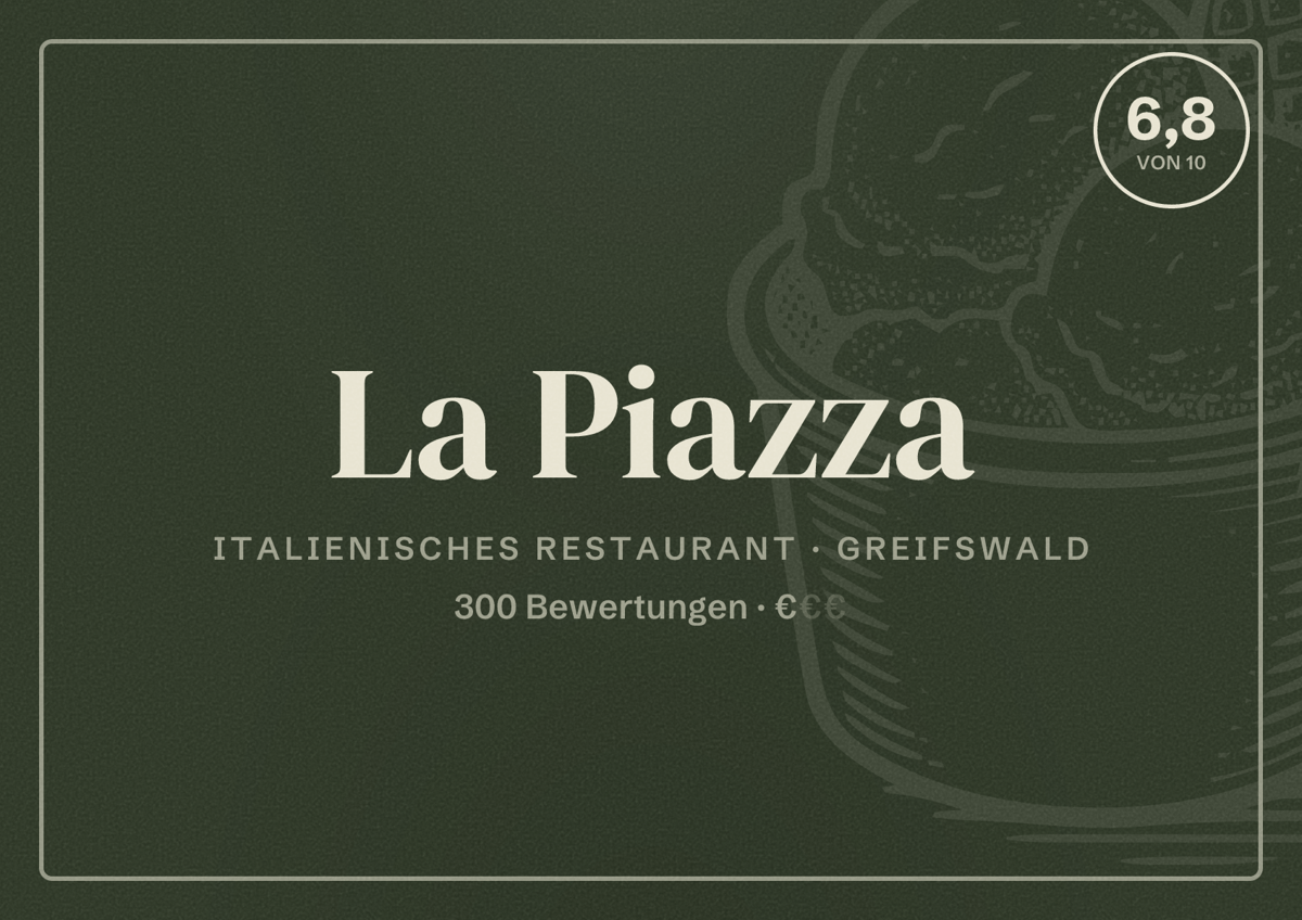 Illustriertes Poster von La Piazza, Italienisches Restaurant in Greifswald: Bewertung 6,8 von 10 aus 300 Bewertungen, Preisniveau €
