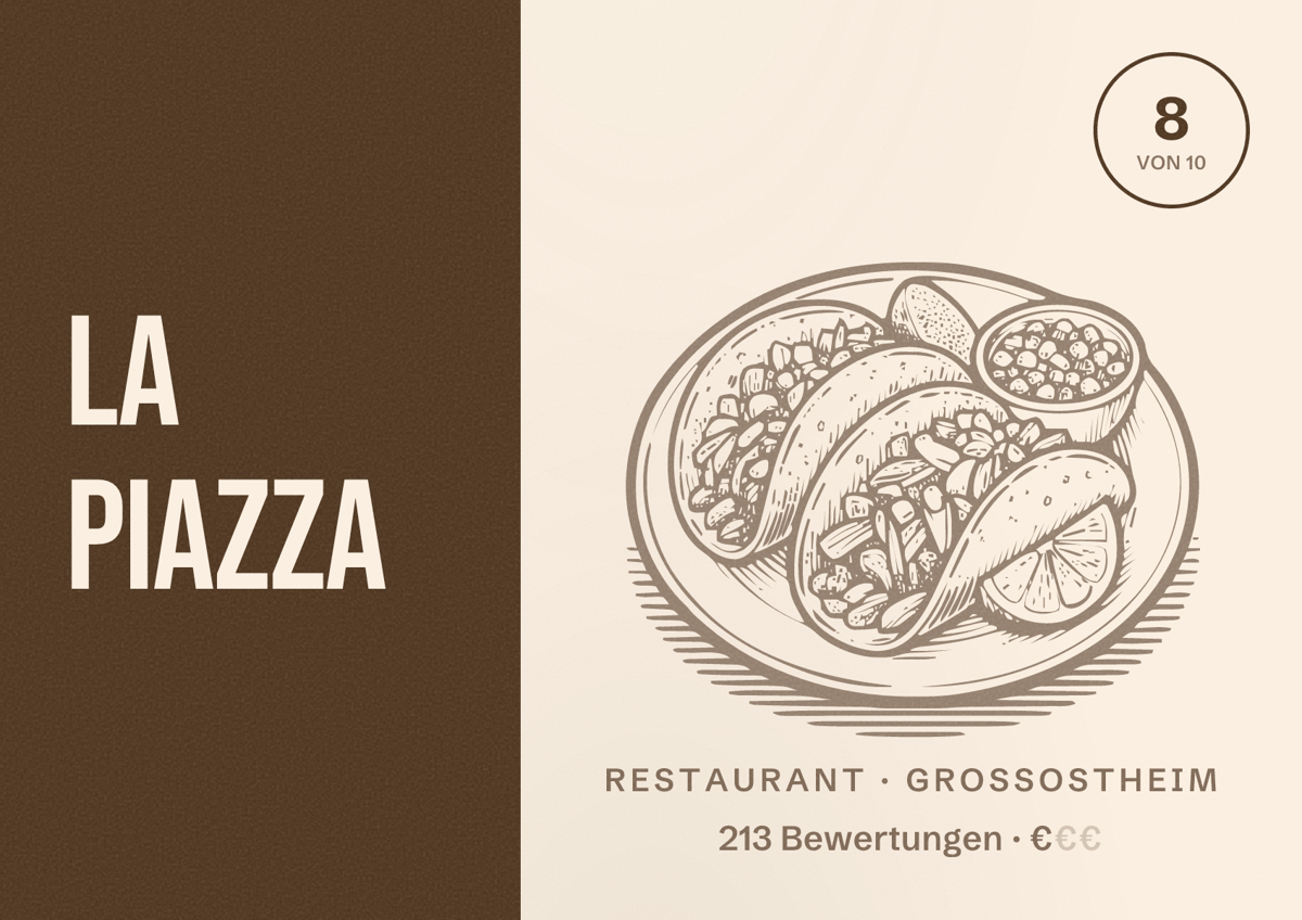 Illustriertes Poster von La Piazza, Restaurant in Großostheim: Bewertung 8 von 10 aus 213 Bewertungen, Preisniveau €