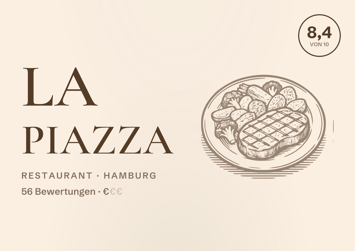 Illustriertes Poster von La Piazza, Restaurant in Hamburg: Bewertung 8,4 von 10 aus 56 Bewertungen, Preisniveau €
