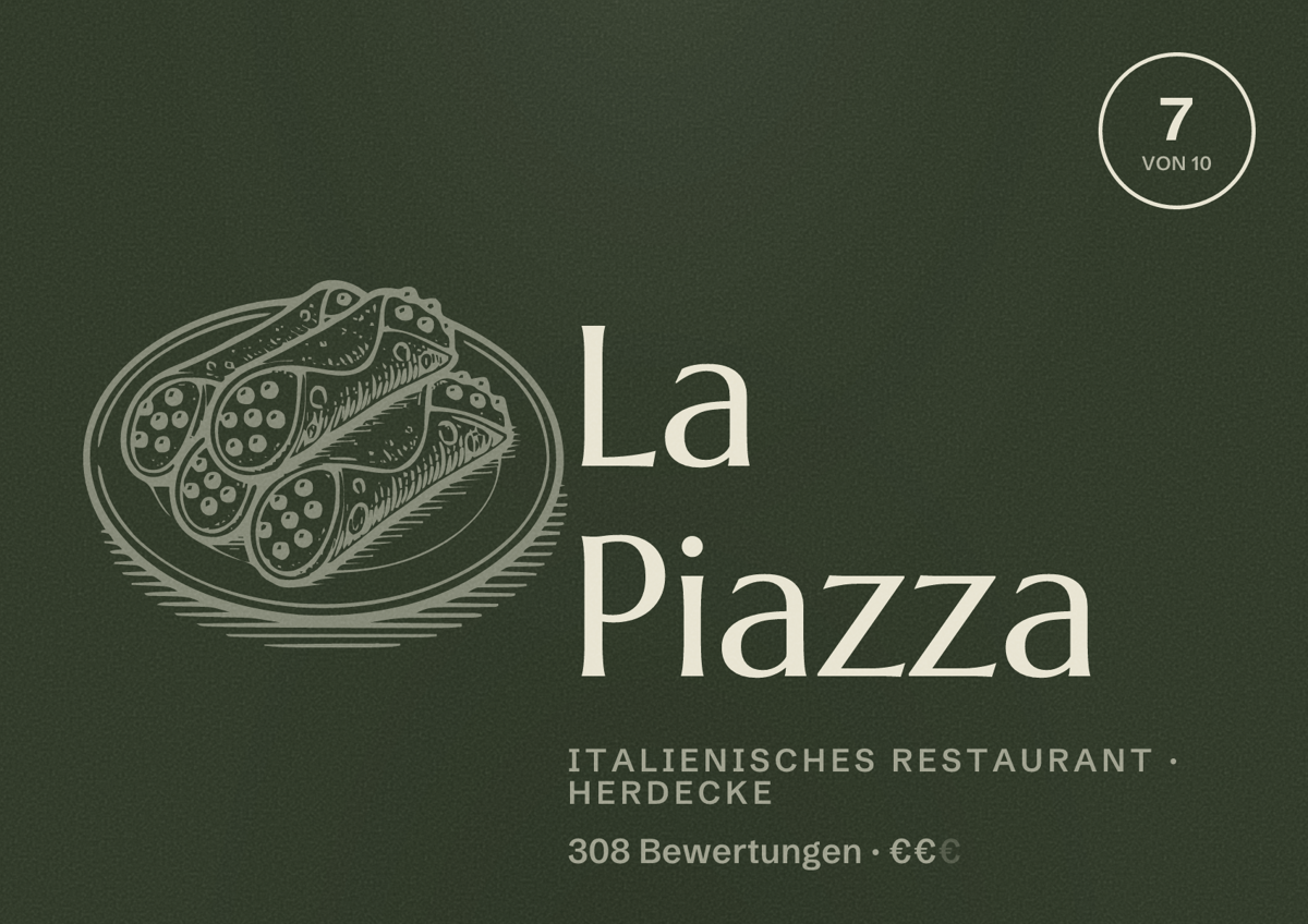 Illustriertes Poster von La Piazza, Italienisches Restaurant in Herdecke: Bewertung 7 von 10 aus 308 Bewertungen, Preisniveau €€
