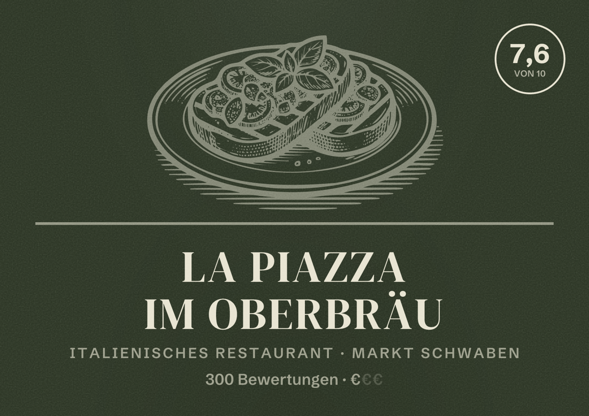 Illustriertes Poster von La Piazza im Oberbräu, Italienisches Restaurant in Markt Schwaben: Bewertung 7,6 von 10 aus 300 Bewertungen, Preisniveau €