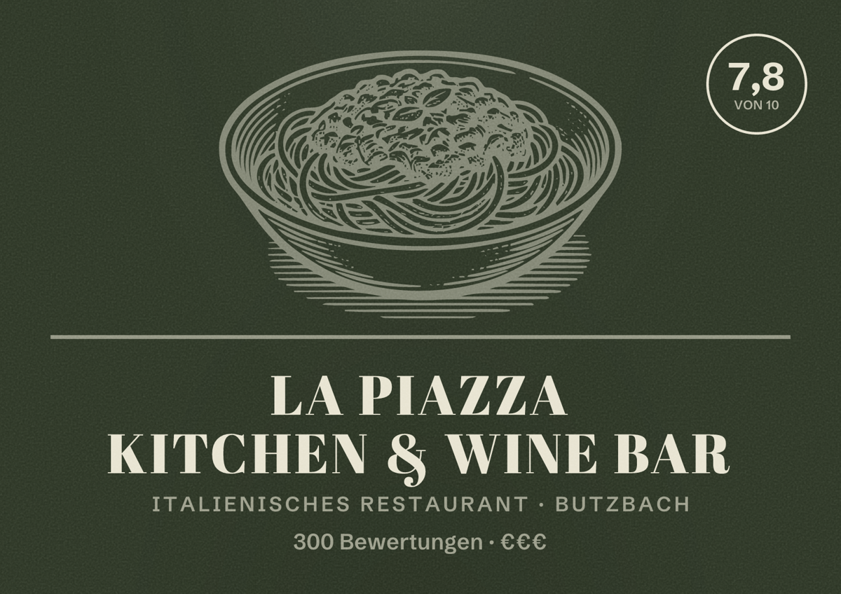 Illustriertes Poster von La Piazza Kitchen & Wine Bar, Italienisches Restaurant in Butzbach: Bewertung 7,8 von 10 aus 300 Bewertungen, Preisniveau €€€