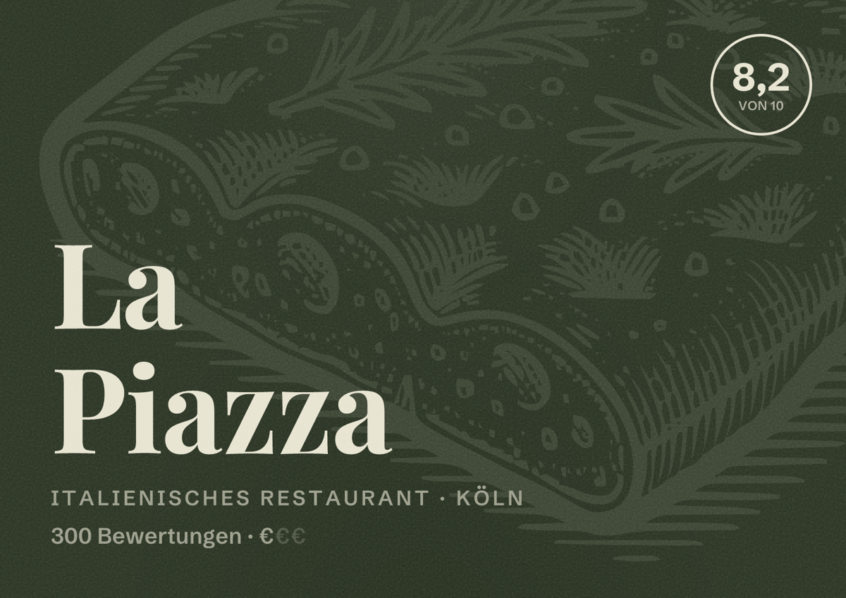 Illustriertes Poster von La Piazza, Italienisches Restaurant in Köln: Bewertung 8,2 von 10 aus 300 Bewertungen, Preisniveau €