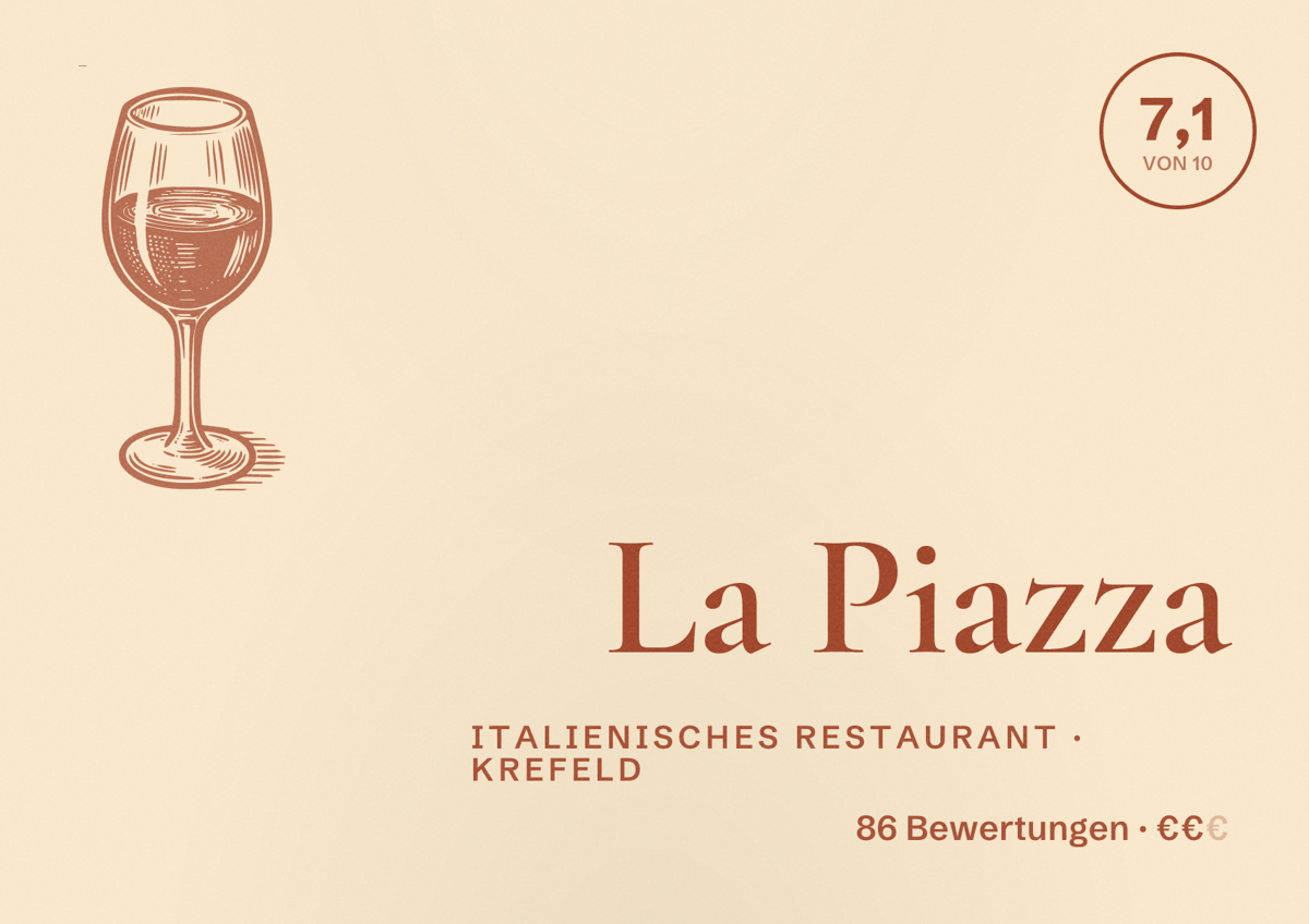 Illustriertes Poster von La Piazza, Italienisches Restaurant in Krefeld: Bewertung 7,1 von 10 aus 86 Bewertungen, Preisniveau €€