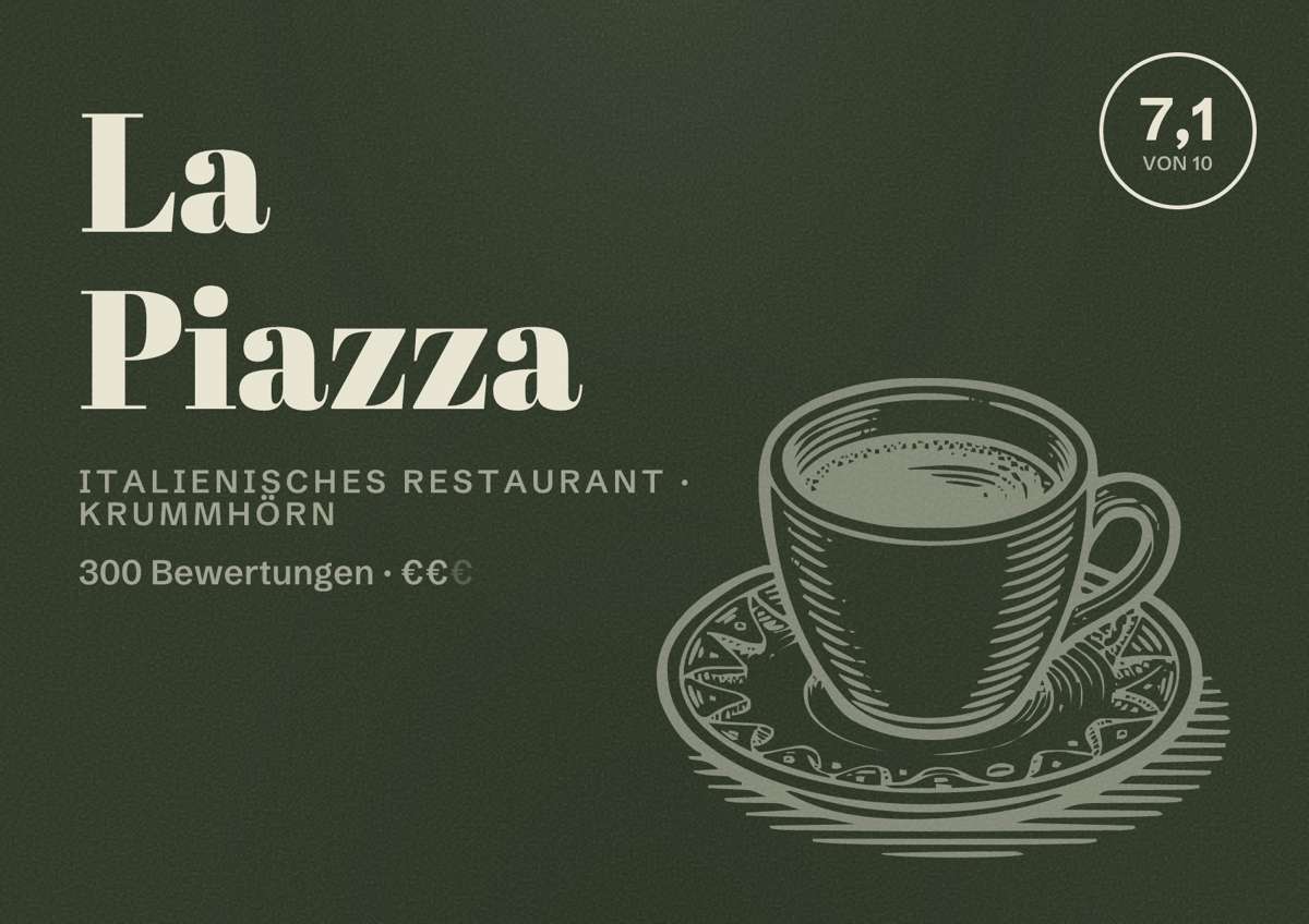 Illustriertes Poster von La Piazza, Italienisches Restaurant in Krummhörn: Bewertung 7,1 von 10 aus 300 Bewertungen, Preisniveau €€