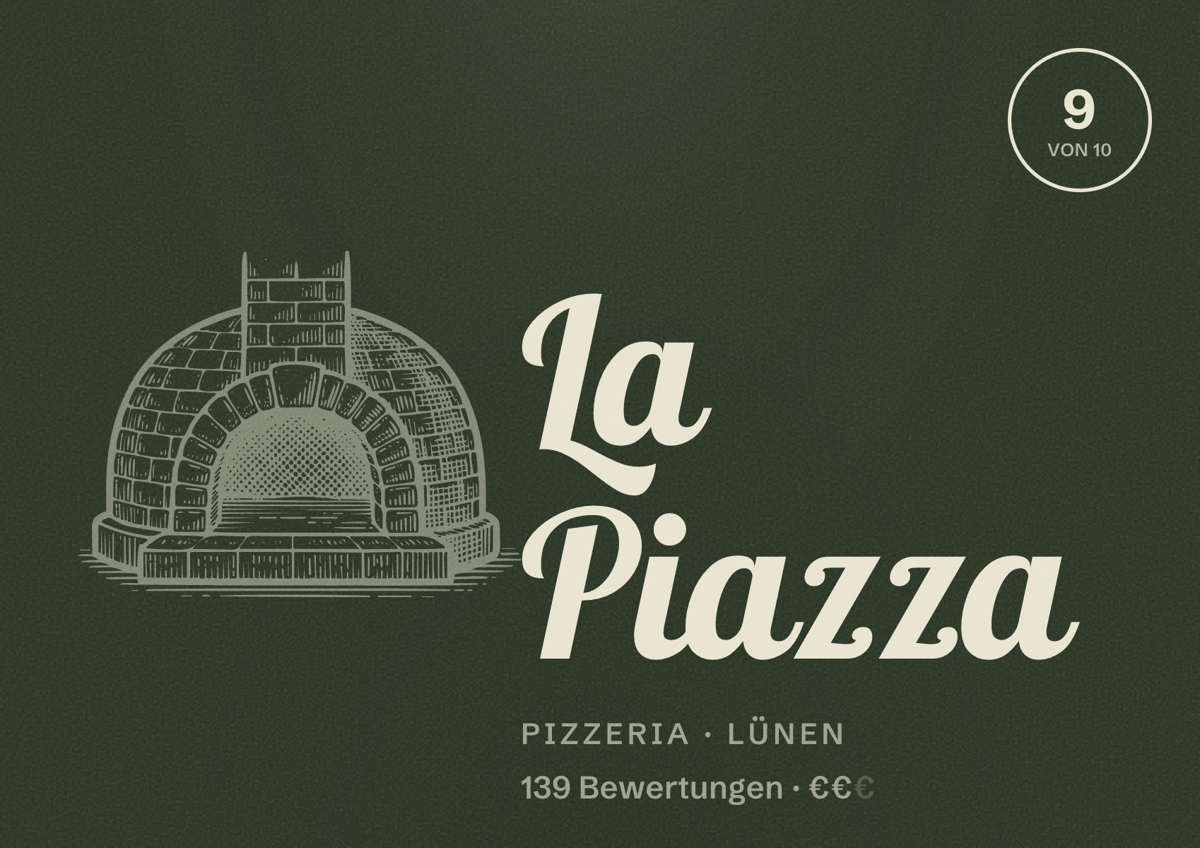 Illustriertes Poster von La Piazza, Pizzeria in Lünen: Bewertung 9,0 von 10 aus 139 Bewertungen, Preisniveau €€