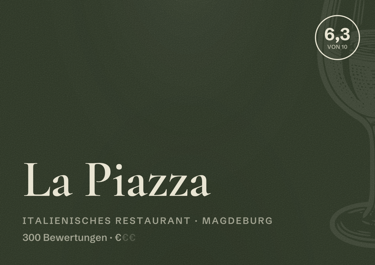 Illustriertes Poster von La Piazza, Italienisches Restaurant in Magdeburg: Bewertung 6,3 von 10 aus 300 Bewertungen, Preisniveau €