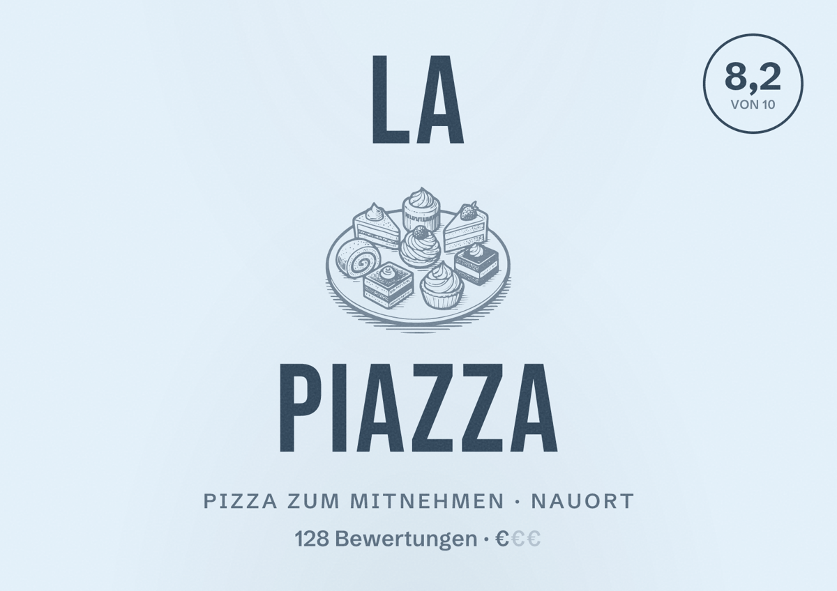 Illustriertes Poster von La Piazza, Pizza zum Mitnehmen in Nauort: Bewertung 8,2 von 10 aus 128 Bewertungen, Preisniveau €