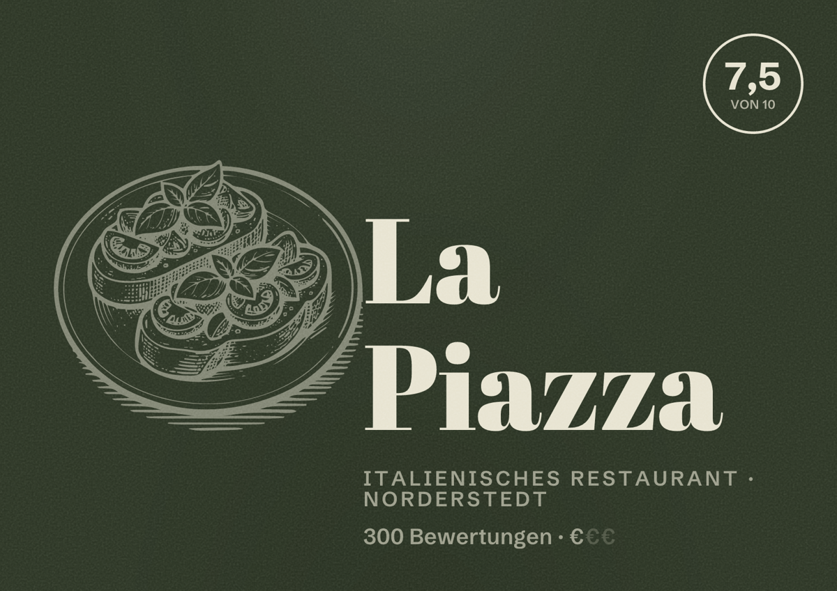Illustriertes Poster von La Piazza, Italienisches Restaurant in Norderstedt: Bewertung 7,5 von 10 aus 300 Bewertungen, Preisniveau €