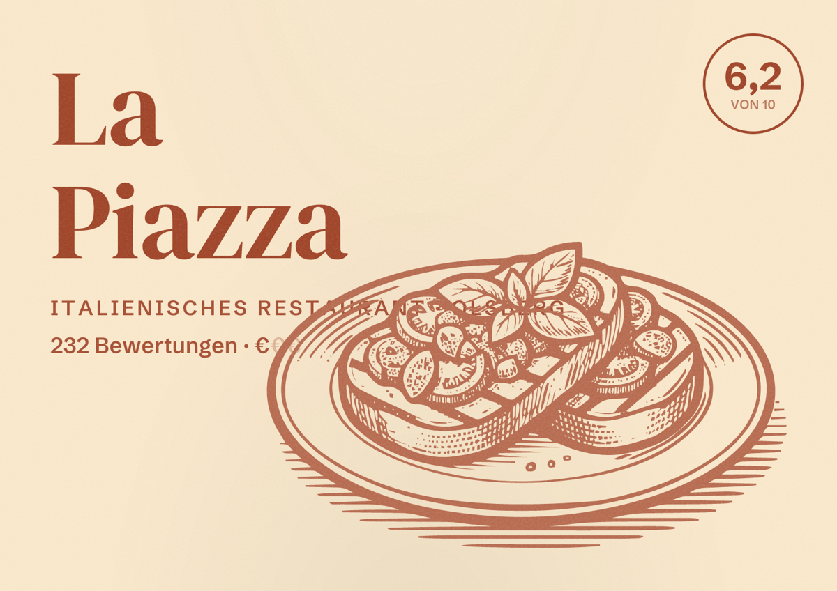 Illustriertes Poster von La Piazza, Italienisches Restaurant in Olsberg: Bewertung 6,2 von 10 aus 232 Bewertungen, Preisniveau €