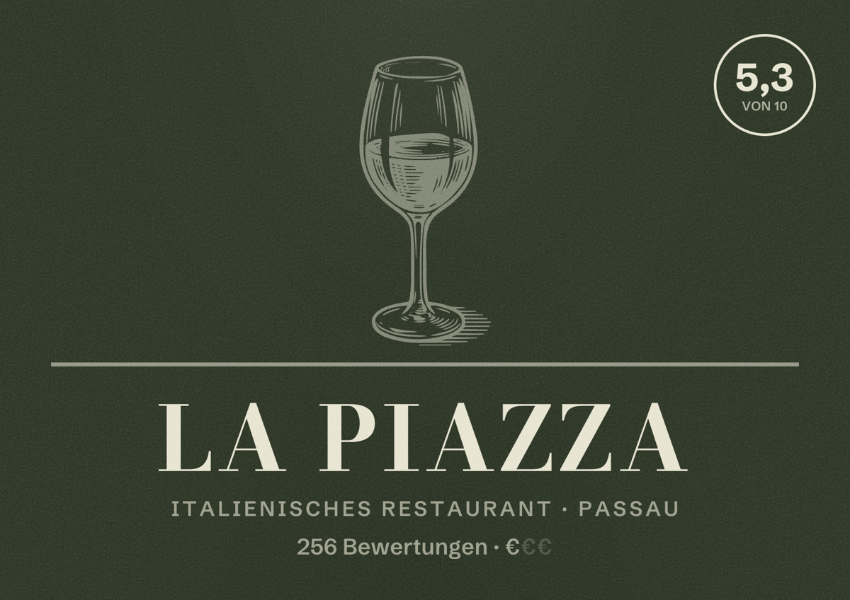 Illustriertes Poster von La Piazza, Italienisches Restaurant in Passau: Bewertung 5,3 von 10 aus 256 Bewertungen, Preisniveau €