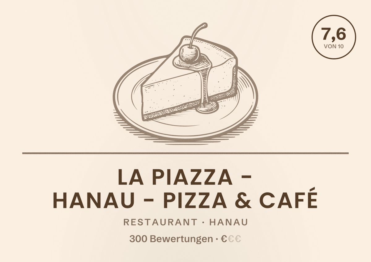 Illustriertes Poster von La Piazza - Hanau - Pizza & Café, Restaurant in Hanau: Bewertung 7,6 von 10 aus 300 Bewertungen, Preisniveau €