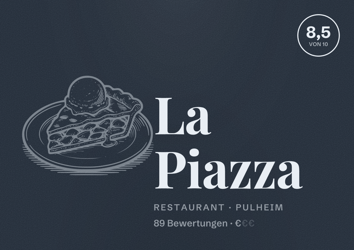 Illustriertes Poster von La Piazza, Restaurant in Pulheim: Bewertung 8,5 von 10 aus 89 Bewertungen, Preisniveau €