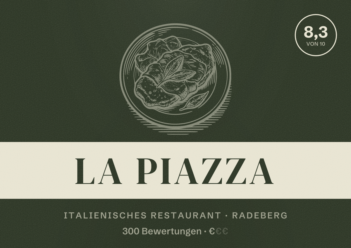 Illustriertes Poster von La Piazza, Italienisches Restaurant in Radeberg: Bewertung 8,3 von 10 aus 300 Bewertungen, Preisniveau €