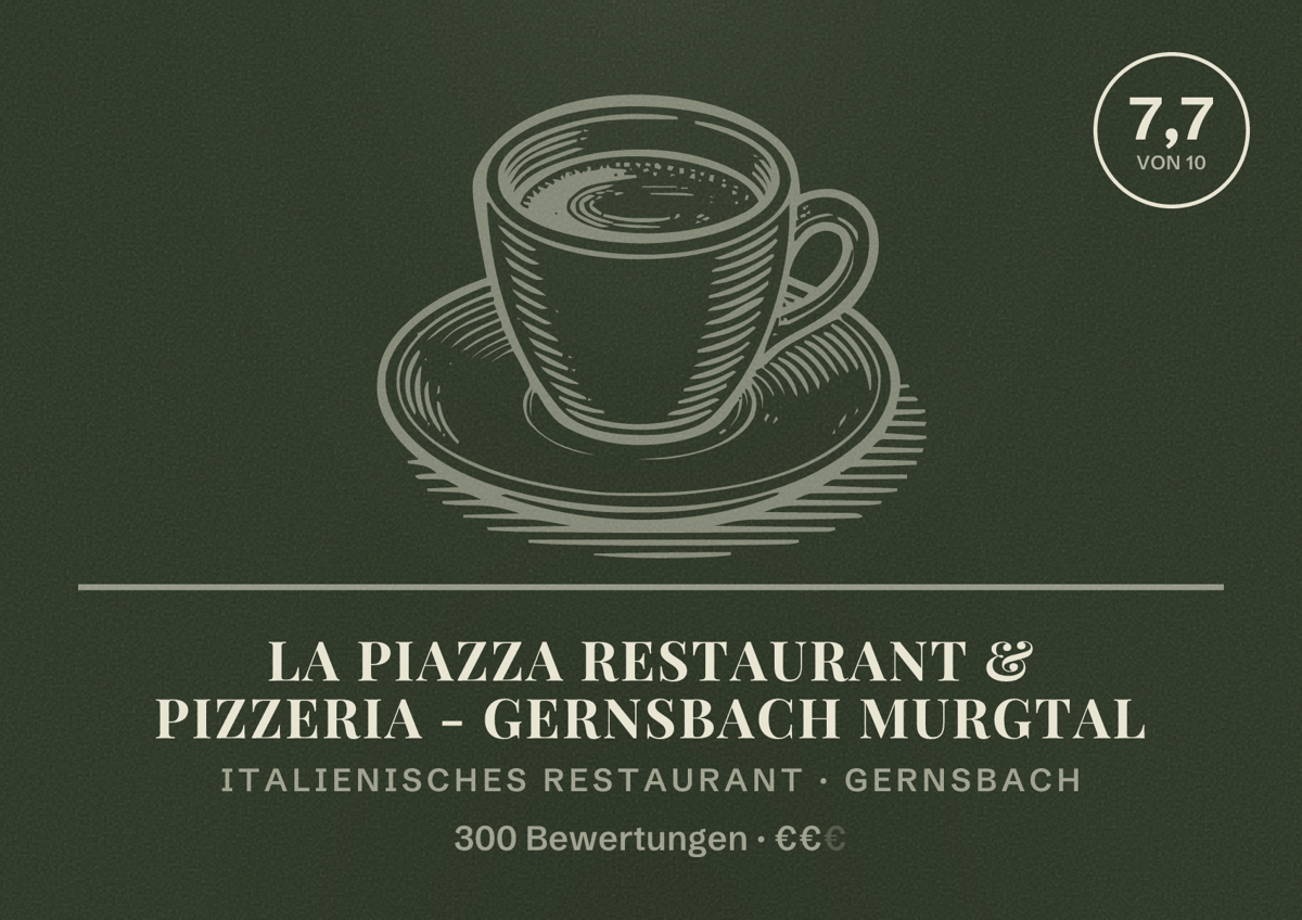 Illustriertes Poster von La Piazza Restaurant & Pizzeria - Gernsbach Murgtal, Italienisches Restaurant in Gernsbach: Bewertung 7,7 von 10 aus 300 Bewertungen, Preisniveau €€