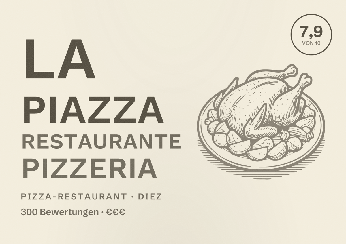 Illustriertes Poster von La Piazza Restaurante Pizzeria, Pizza-Restaurant in Diez: Bewertung 7,9 von 10 aus 300 Bewertungen, Preisniveau €€€