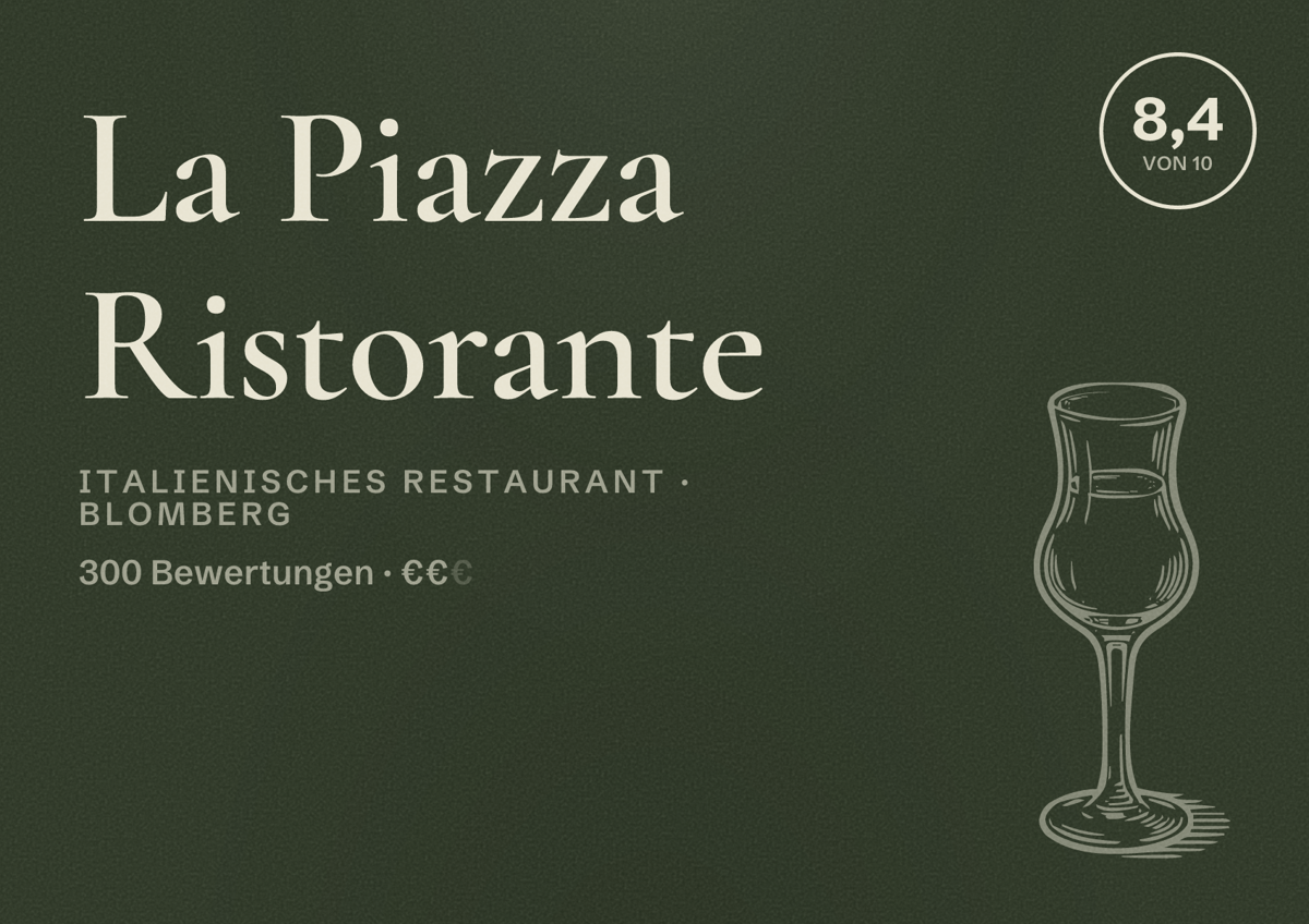 Illustriertes Poster von La Piazza Ristorante, Italienisches Restaurant in Blomberg: Bewertung 8,4 von 10 aus 300 Bewertungen, Preisniveau €€