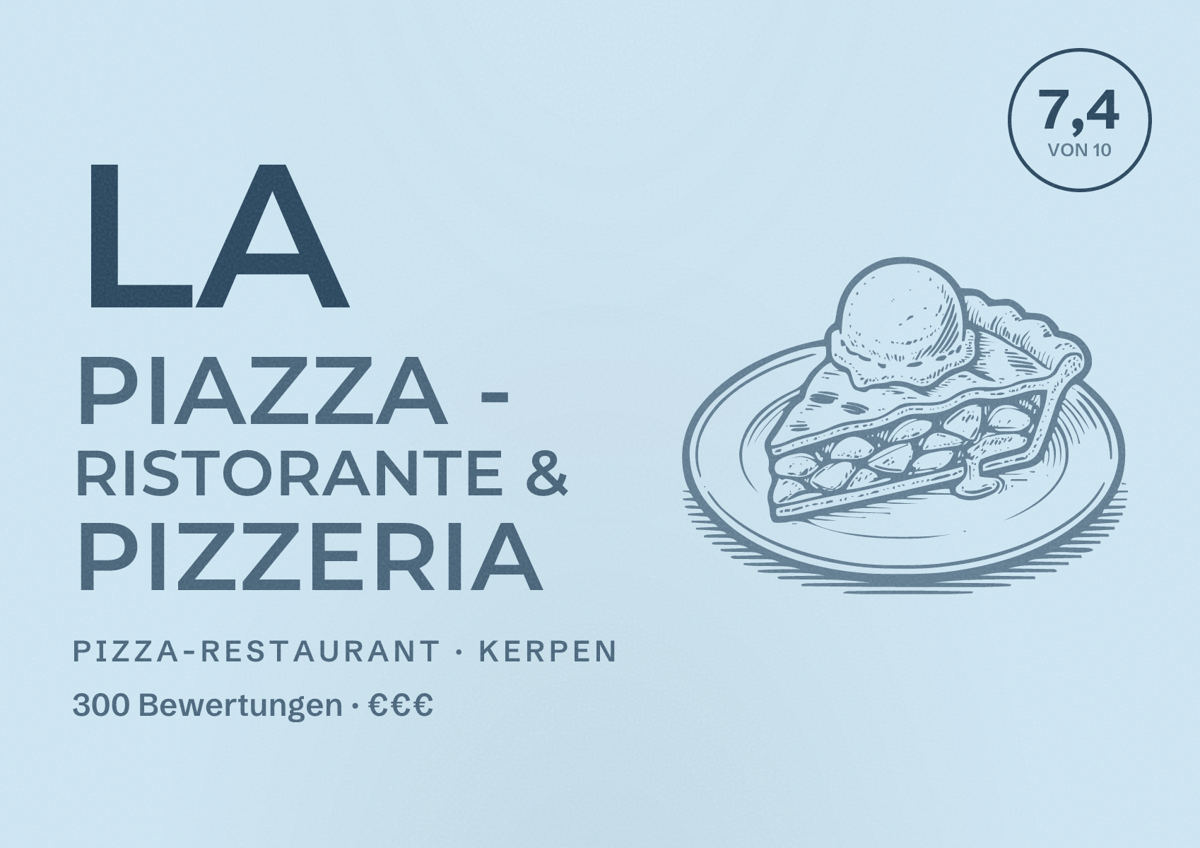 Illustriertes Poster von La Piazza - Ristorante & Pizzeria, Pizza-Restaurant in Kerpen: Bewertung 7,4 von 10 aus 300 Bewertungen, Preisniveau €€€