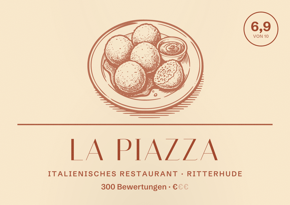 Illustriertes Poster von La Piazza, Italienisches Restaurant in Ritterhude: Bewertung 6,9 von 10 aus 300 Bewertungen, Preisniveau €