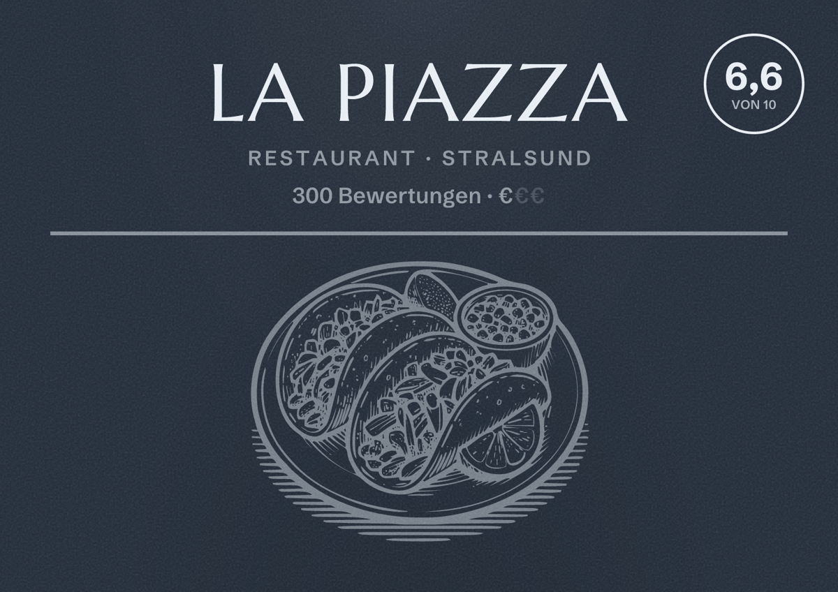 Illustriertes Poster von LA PIAZZA, Restaurant in Stralsund: Bewertung 6,6 von 10 aus 300 Bewertungen, Preisniveau €