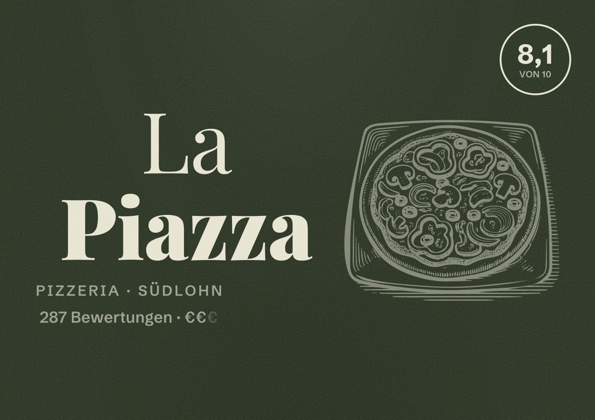 Illustriertes Poster von La Piazza, Pizzeria in Südlohn: Bewertung 8,1 von 10 aus 287 Bewertungen, Preisniveau €€