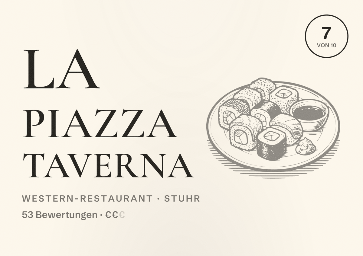 Illustriertes Poster von La Piazza Taverna, Western-Restaurant in Stuhr: Bewertung 7 von 10 aus 53 Bewertungen, Preisniveau €€