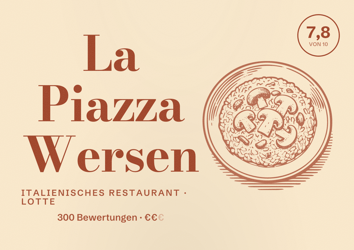 Illustriertes Poster von La Piazza Wersen, Italienisches Restaurant in Lotte: Bewertung 7,8 von 10 aus 300 Bewertungen, Preisniveau €€