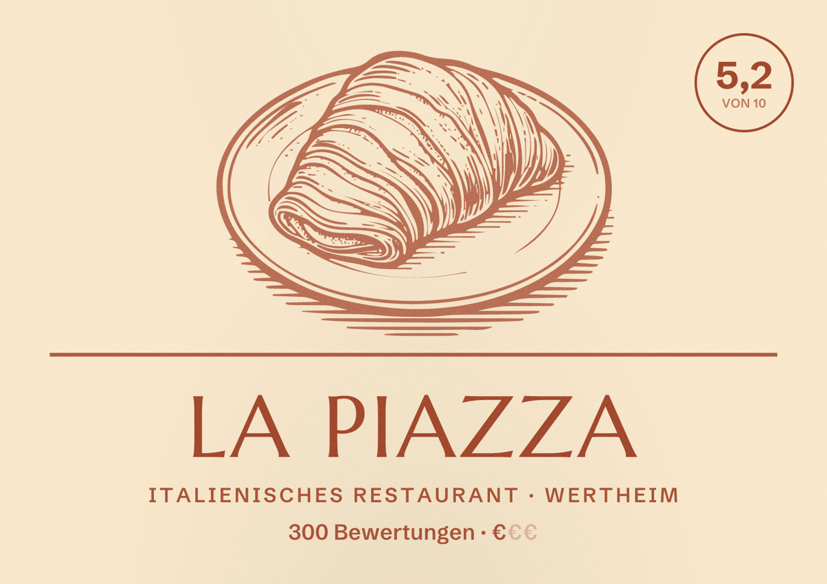 Illustriertes Poster von La Piazza, Italienisches Restaurant in Wertheim: Bewertung 5,2 von 10 aus 300 Bewertungen, Preisniveau €
