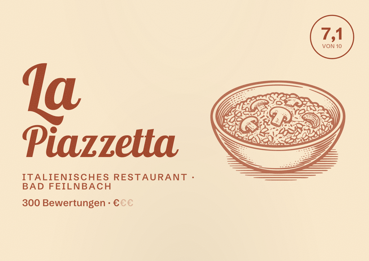 Illustriertes Poster von La Piazzetta, Italienisches Restaurant in Bad Feilnbach: Bewertung 7,1 von 10 aus 300 Bewertungen, Preisniveau €