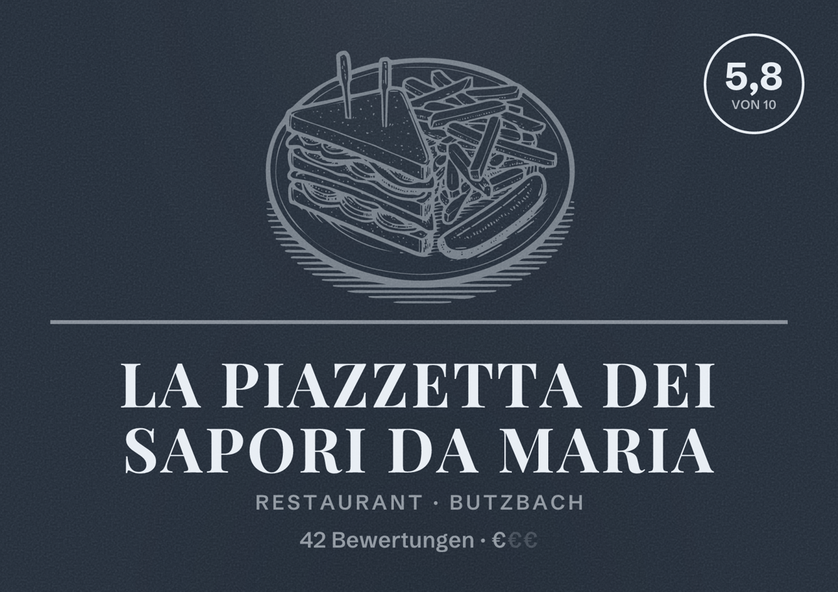 Illustriertes Poster von La Piazzetta dei Sapori da Maria, Restaurant in Butzbach: Bewertung 5,8 von 10 aus 42 Bewertungen, Preisniveau €