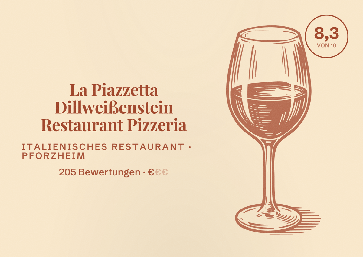 Illustriertes Poster von La Piazzetta Dillweißenstein Restaurant Pizzeria, Italienisches Restaurant in Pforzheim: Bewertung 8,3 von 10 aus 205 Bewertungen, Preisniveau €