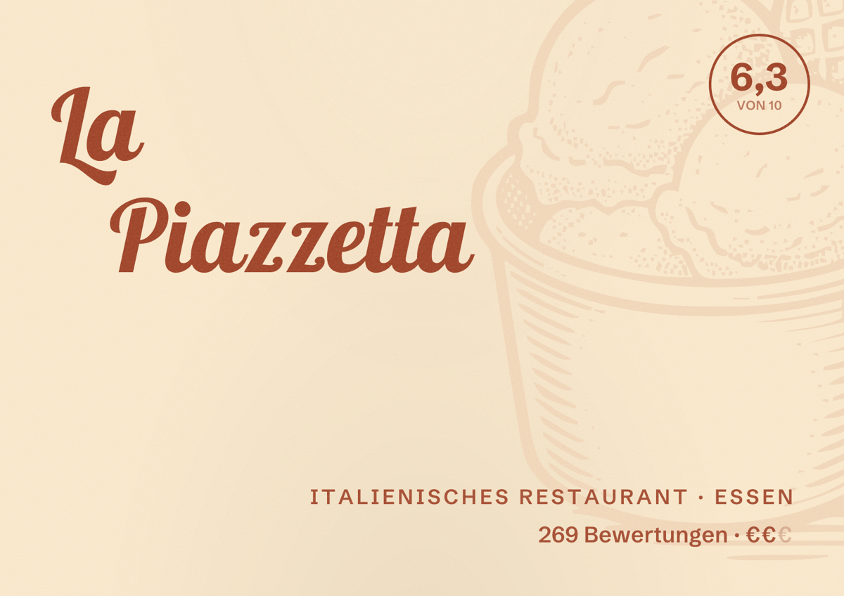 Illustriertes Poster von La Piazzetta, Italienisches Restaurant in Essen: Bewertung 6,3 von 10 aus 269 Bewertungen, Preisniveau €€