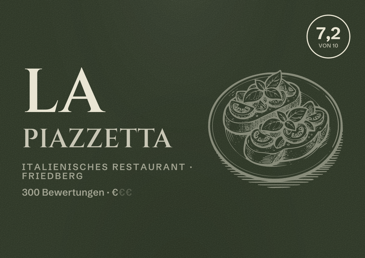 Illustriertes Poster von La Piazzetta, Italienisches Restaurant in Friedberg: Bewertung 7,2 von 10 aus 300 Bewertungen, Preisniveau €