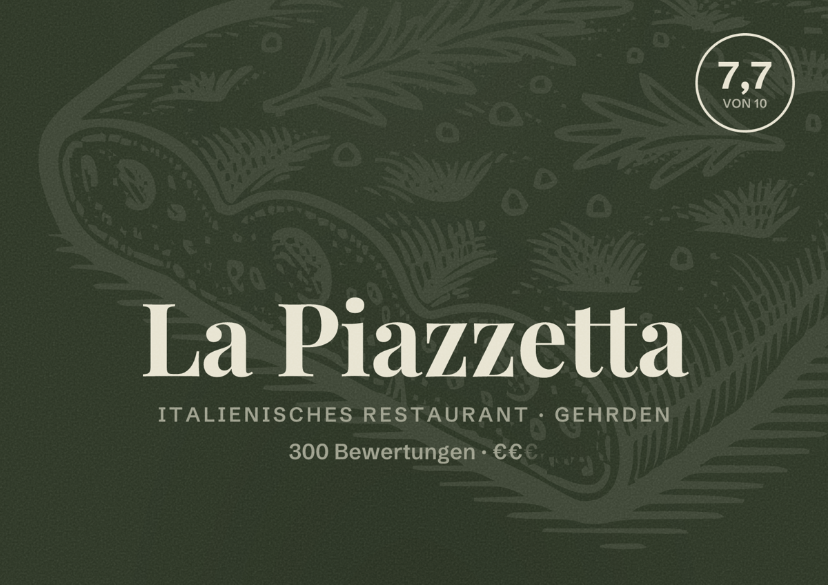 Illustriertes Poster von La Piazzetta, Italienisches Restaurant in Gehrden: Bewertung 7,7 von 10 aus 300 Bewertungen, Preisniveau €€