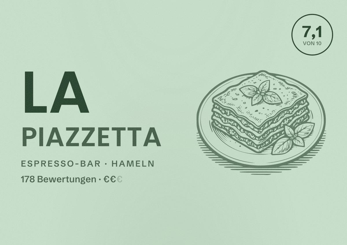 Illustriertes Poster von La Piazzetta, Espresso-Bar in Hameln: Bewertung 7,1 von 10 aus 178 Bewertungen, Preisniveau €€
