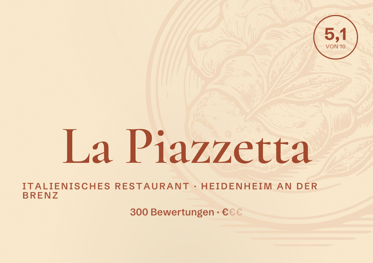 Illustriertes Poster von La Piazzetta, Italienisches Restaurant in Heidenheim an der Brenz: Bewertung 5,1 von 10 aus 300 Bewertungen, Preisniveau €