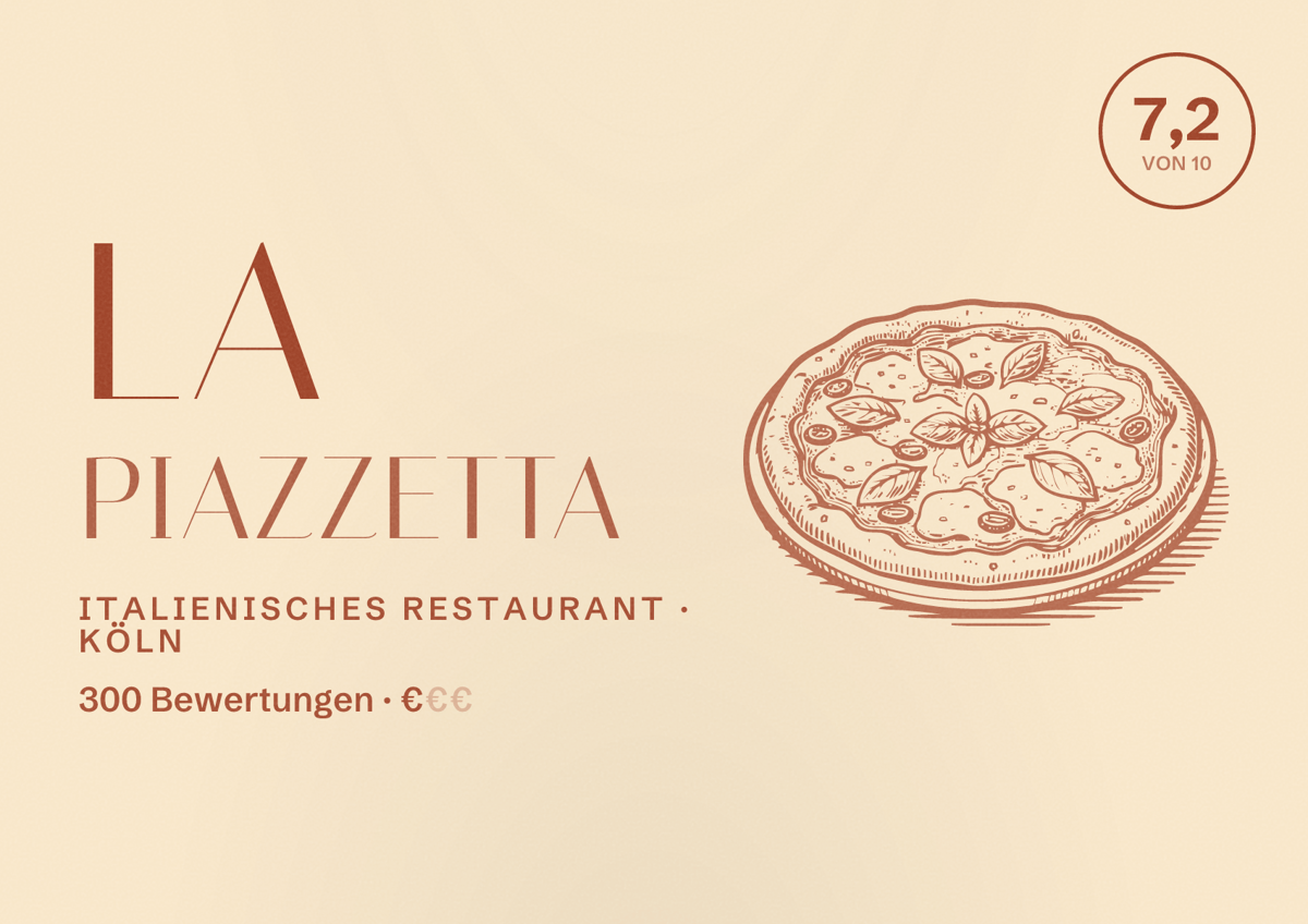Illustriertes Poster von La Piazzetta, Italienisches Restaurant in Köln: Bewertung 7,2 von 10 aus 300 Bewertungen, Preisniveau €