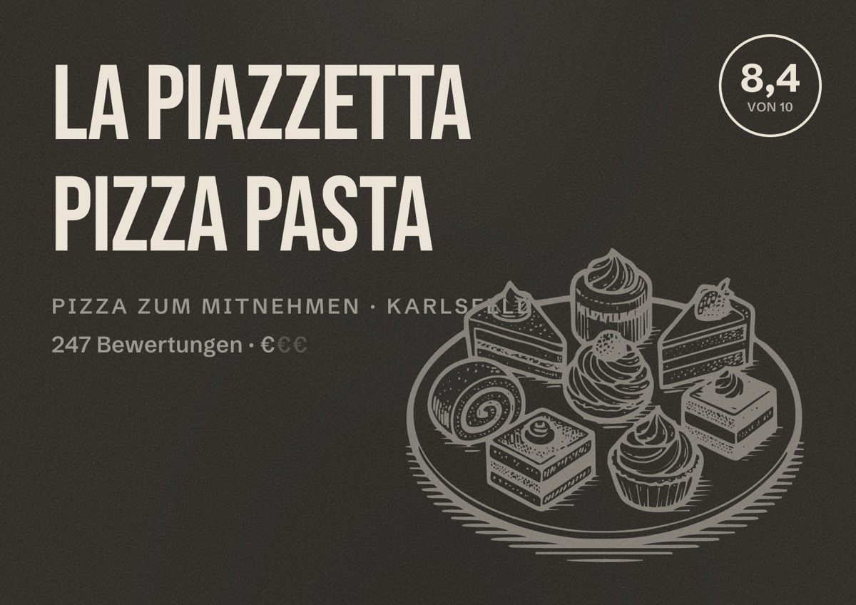 Illustriertes Poster von La Piazzetta Pizza Pasta, Pizza zum Mitnehmen in Karlsfeld: Bewertung 8,4 von 10 aus 247 Bewertungen, Preisniveau €