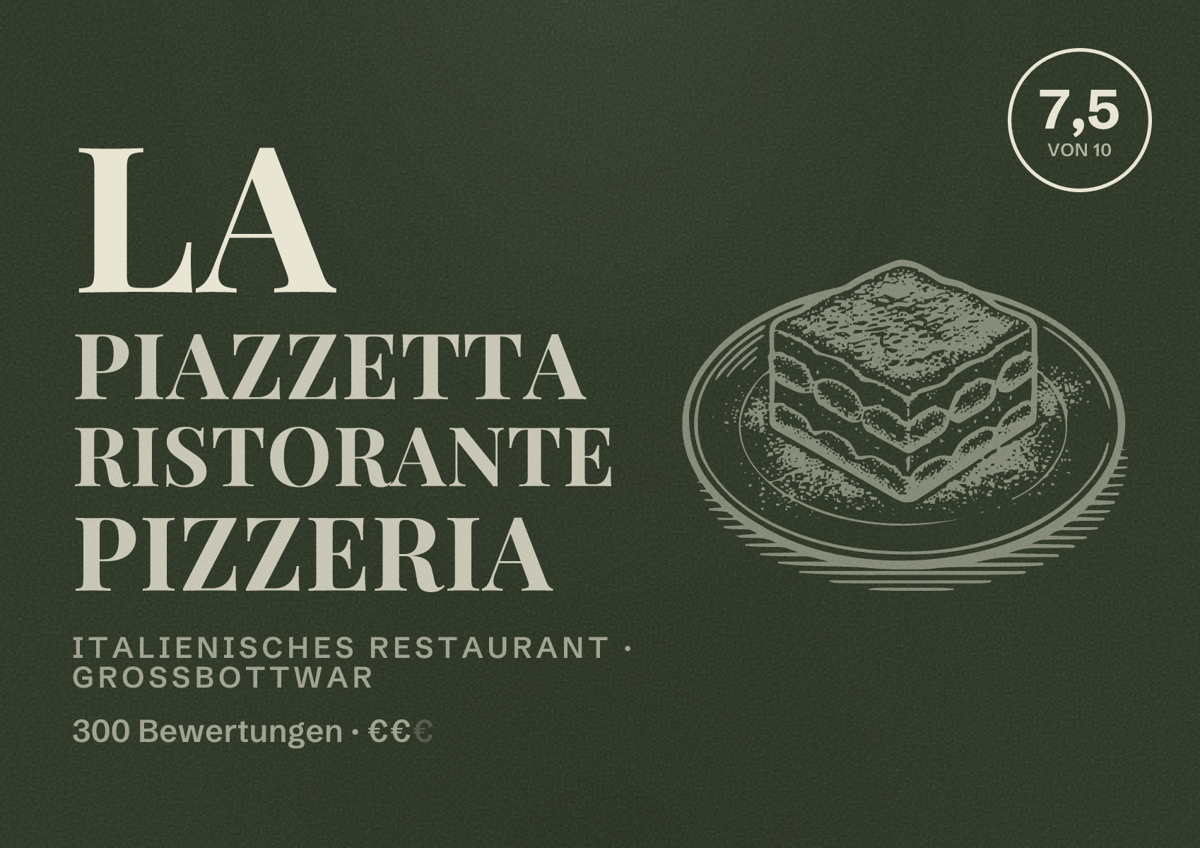 Illustriertes Poster von La Piazzetta Ristorante Pizzeria, Italienisches Restaurant in Großbottwar: Bewertung 7,5 von 10 aus 300 Bewertungen, Preisniveau €€