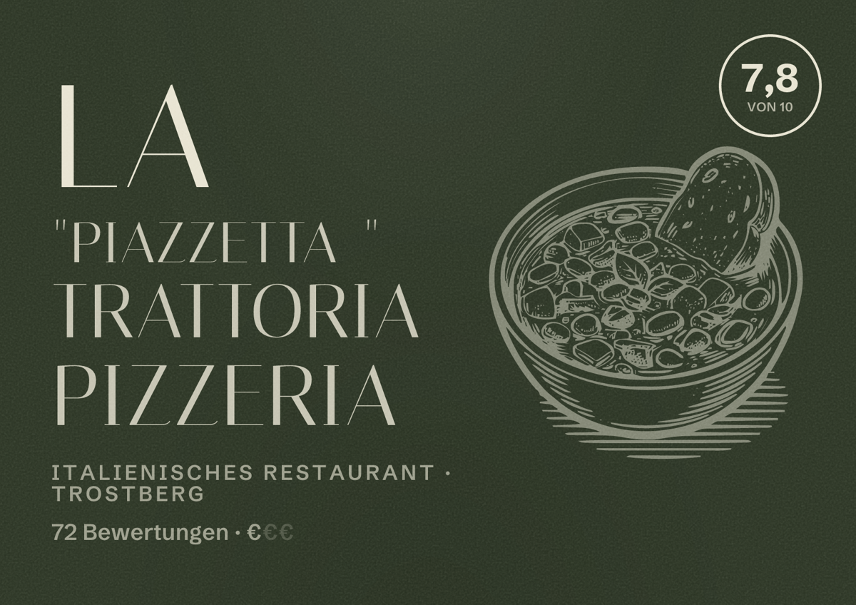 Illustriertes Poster von LA "PIAZZETTA " Trattoria pizzeria, Italienisches Restaurant in Trostberg: Bewertung 7,8 von 10 aus 72 Bewertungen, Preisniveau €