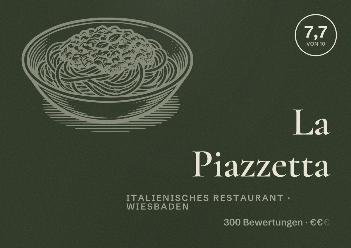 Illustriertes Poster von La Piazzetta, Italienisches Restaurant in Wiesbaden: Bewertung 7,7 von 10 aus 300 Bewertungen, Preisniveau €€